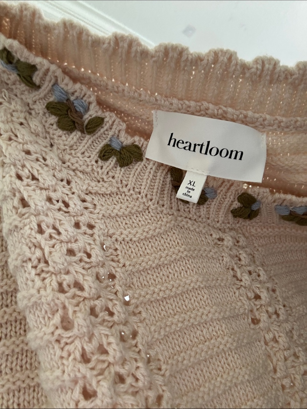 Heartloom Soft Cream Crewneck Sweater with Embroidered Floral Trim